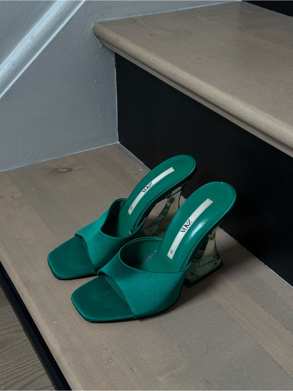 Zara Emerald Green Satin Open-Toe Mules with Sculptural Clear Heels